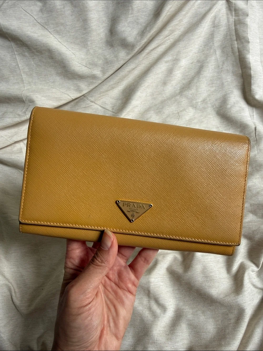 Prada Saffiano Leather Flap Wallet in Mustard Yellow